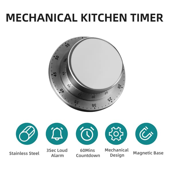 Mechanical Kitchen Timer with Magnetic Base, 60-Minute Countdown Timer, Kitchen Clock with Audible Alarm, Stainless Steel, Attaches to Refrigerator, Si