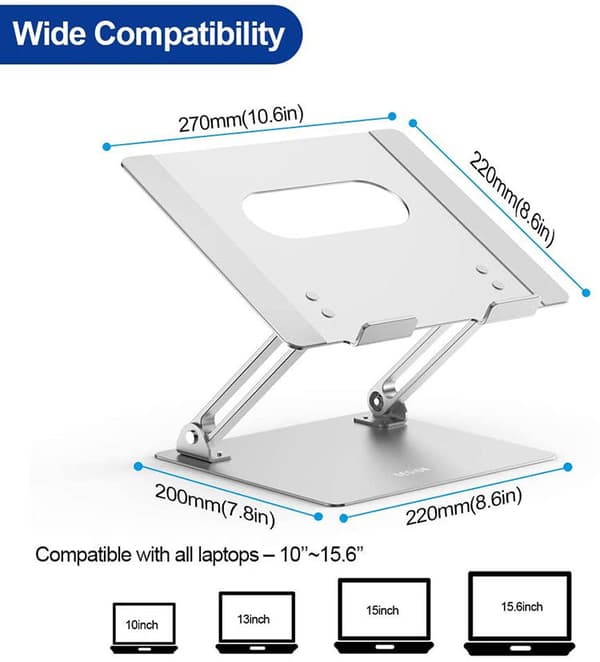 Bærbar computerstativ, ergonomisk bærbar computerstativ, aluminium bærbar computerstativ kompatibelt med 10-15,6 tommer Air, Pro, Dell, HP, Lenovo (sølv)