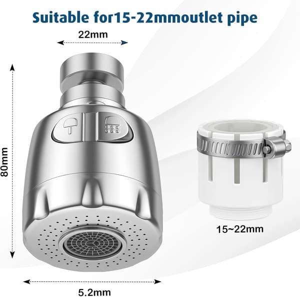 1 sæt 2 tilstande, sølv vandhanebelufter, 360° drejelig vandhane, vandbesparende