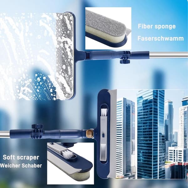 2-in-1 Extendable Window Cleaner - 120 cm Telescopic Squeegee & Scrubber, Rotating Head for Windows, Mirrors & Showers - Blue