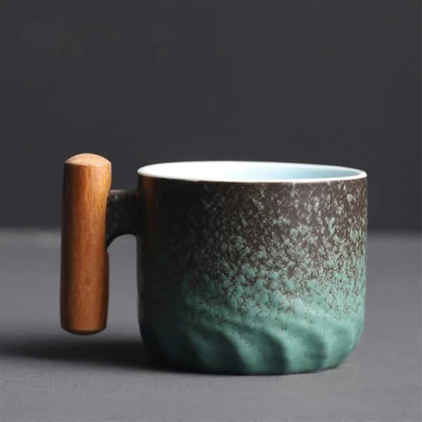 Coffee Cup Wooden Handle Coffee Mug Tea Mug Gradient Glaze Exquisite Ceramic Small Mug Green Green
