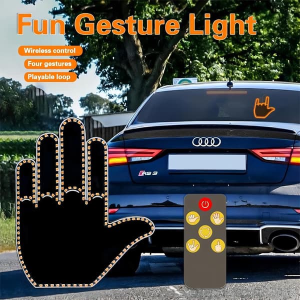 Funny Hand Gesture Lights - Funny LED Rear Window License Plate Lights with Remote Control, Finger LED Light for Car. Model B