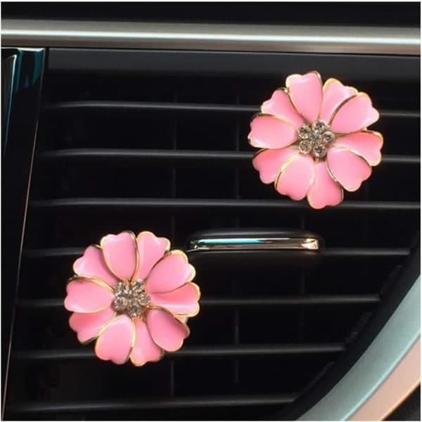 2-pak Tusindfryd Blomst Bil Tilbehør Sød Bil Luftfrisker Bling Diamant Luftventil Clips Interiør til Biler (Pink)