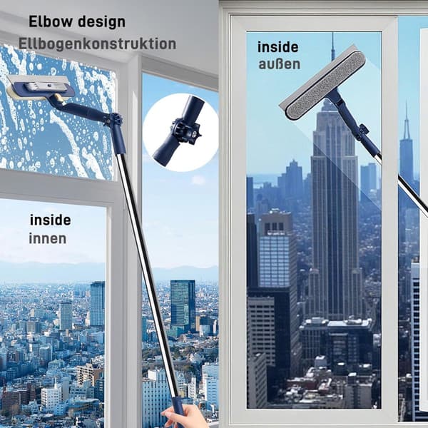 2-in-1 Extendable Window Cleaner - 120 cm Telescopic Squeegee & Scrubber, Rotating Head for Windows, Mirrors & Showers - Blue