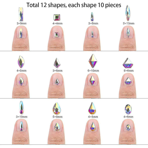 120 stk. Glaskrystal AB Rhinestones i forskellige former til neglekunst og håndværk, Mix af 12 stilarter Flatback Krystaller 3D Dekorationer Flat Back Stene Ædelstene Sæt