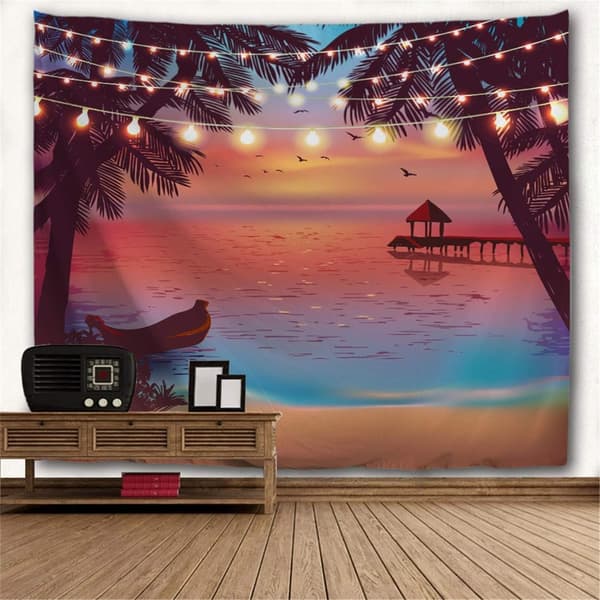 80 tommer x 60 tommer, tropisk strandteppe, havskyst ved solnedgang