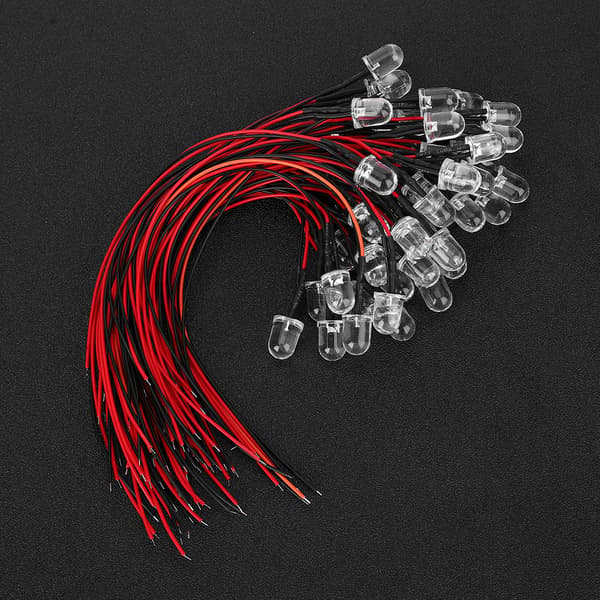 50 pcs LED Diodes with Cables, 12V, 10mm Round, Red