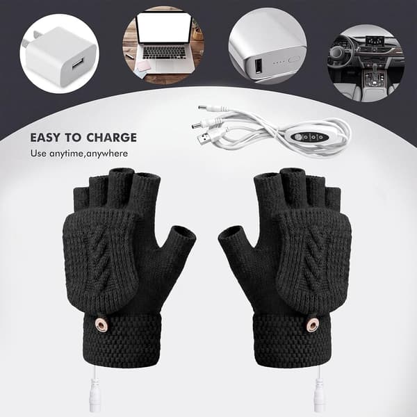 2 par vinter USB-opvarmede handsker, fingerløse håndvarmere, elektrisk opvarmning med knapvanter, sort, lysegrå Black,light Gray