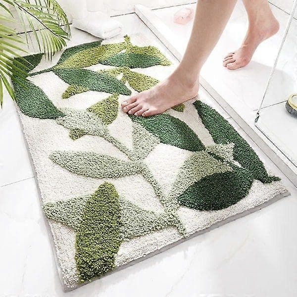 Badeværelsesmåtte 45 x 65 cm, grønt bladmønster, skridsikker absorberende badekar måtte
