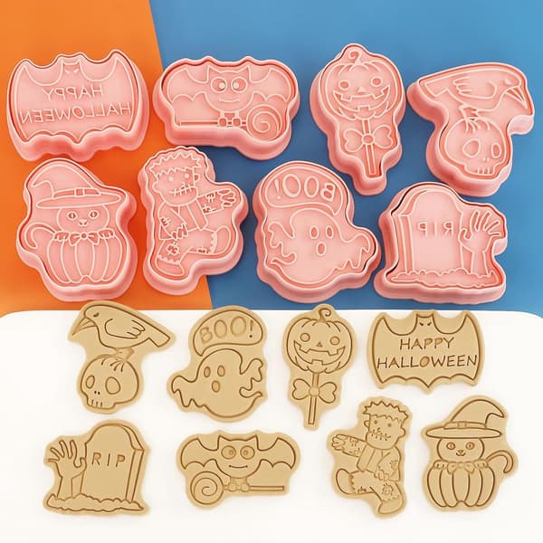Halloween Cookie Cutter Set of 8, 3D Ghost Embossed Plastic Stamps, Pumpkin Cake Decorating Tools (Style D)