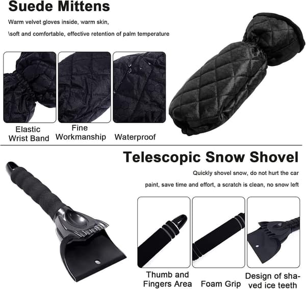Ice Scraper with Glove - Winter Brush with Warm Mitten - Windshield Frost Removal Tool for Car, Black