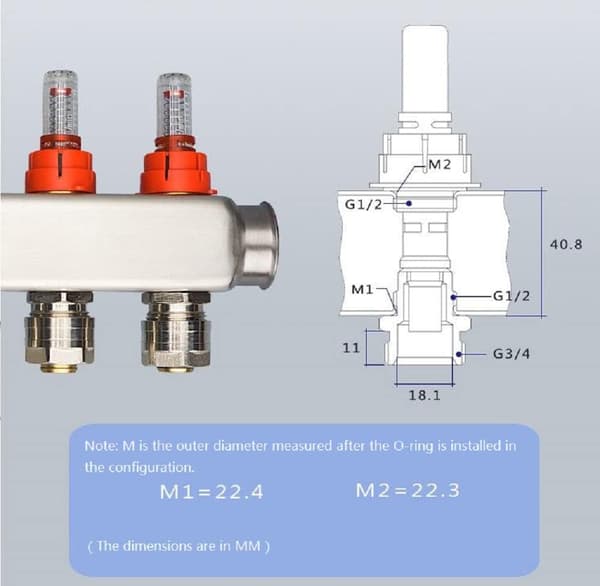 PCS Gulvvarme Fordeler Flowmåler, DN25 Flowregulator, Flowhastigheter 0-5 L/min