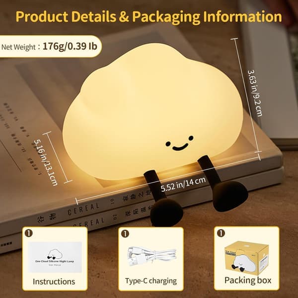 Cloud Night Light, Cute LED Silicone Squeeze Lamp, USB Rechargeable and 3-Level Dimmable, Portable Night Light with Timer
