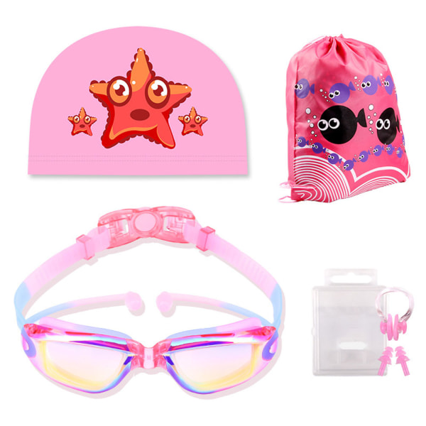 4-delt sett (rosa blå) svømmebriller, anti-tåke speil anti-UV svømmebriller, gratis silikonhatt + neseklemme + ørepropper