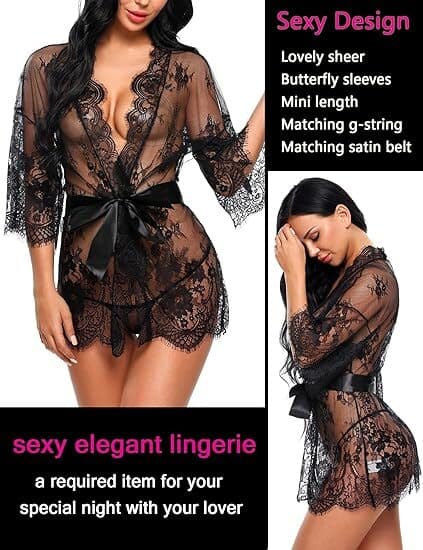 Kvinders blondekimono, Babydoll-natkjole i mesh, Sort 3XL