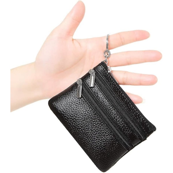 Myntveske i ekte skinn for kvinner, mini lommebok med nøkkelring, svart gave