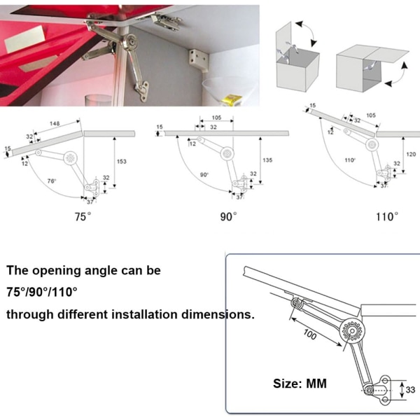 2 stk. Skabsmøbel Dør Løft Støttehængsel Hængsel - Åbningsvinkel 75°/90°/110°（E09）