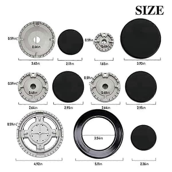Gas Stove Burner Cap & Flame Crown Set - 6 Zinc Alloy Covers with 5 Diffusers for Even Heat Distribution