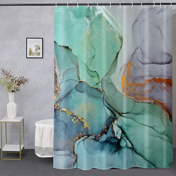 Fargerikt Marmor Dusjforheng Abstrakt Blågrønn og Gull 180*180cm Polyester