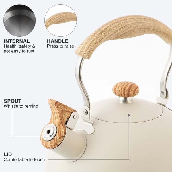 2,6 Quart/2,5 Liter Whistling Tea Kettle, Adjustable Wood Grain Nylon Handle, Capsule Bottom, White.