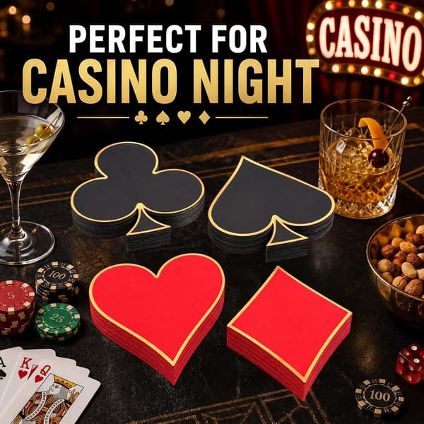 100-pack casinococktailservetter, 4 pokerkortsdesigner, guldkant style_name
