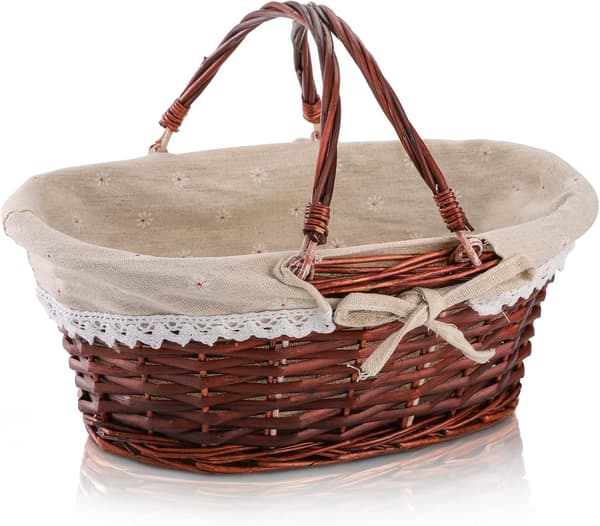 Wicker Woven Picnic Basket with Handle, Empty Gift Basket, Easter Basket with Liner, Wood Chip Storage Organizer