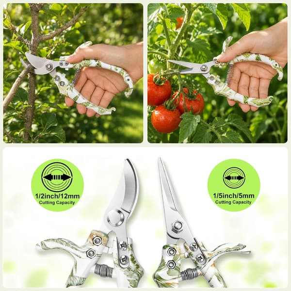 Garden Pruners 2-pack, Bypass Pruner and Straight Garden Shears, Easy Lock, Floral Pattern, Professional Garden Scissors