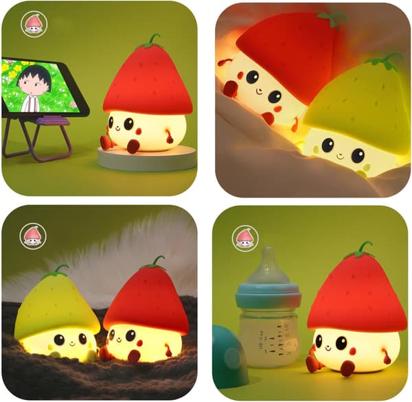This strawberry-shaped night light is a cute fruit-shaped night light, perfect for children's rooms. It has two adjustable brightness levels.