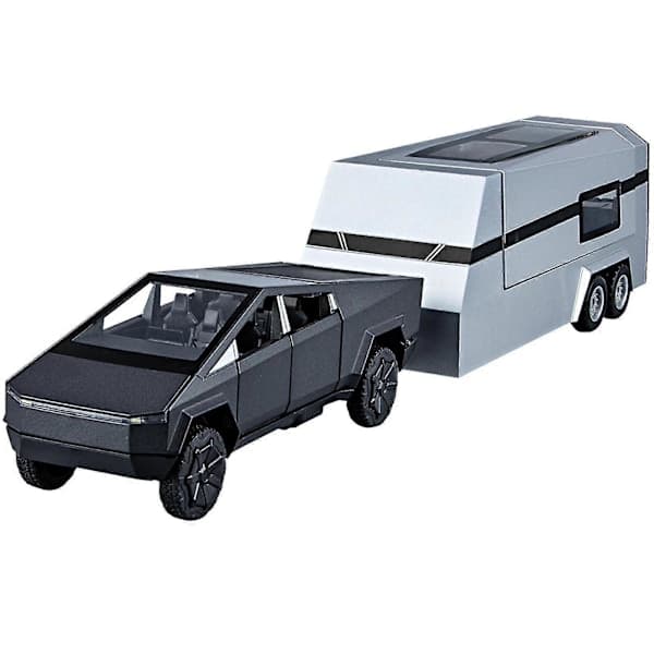 1:32 Tesla Cybertruck Pickup Campingvogn Trykstøbt Modelbil Lyd Lys Børnegave Boris Grå Grey