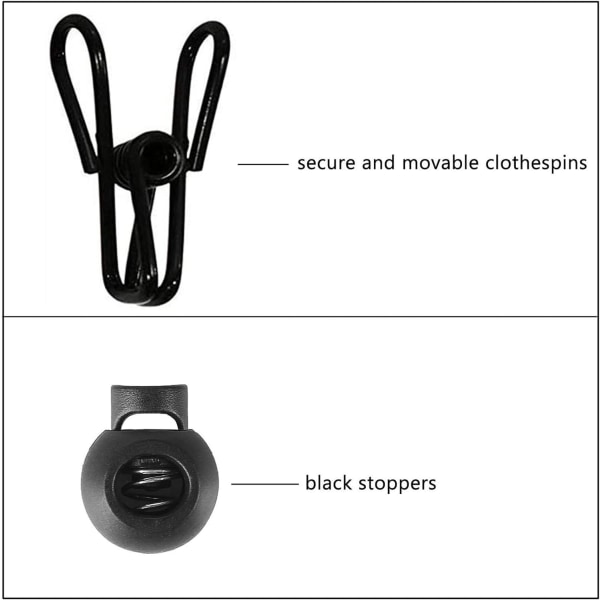 11 fods sort vindtæt tøjsnor med 12 sorte clips, justerbar tøjlinje til hjemmet, rejser og udendørs hængende tøj (sort)