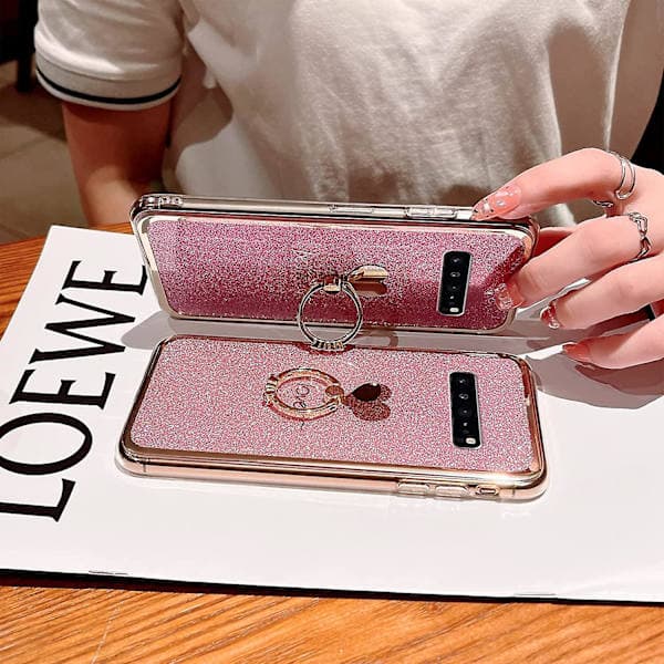 Etui til Samsung Galaxy S10 - Søtt luksuriøst glitrende glanset etui med ringstativ hjerte, støtsikkert