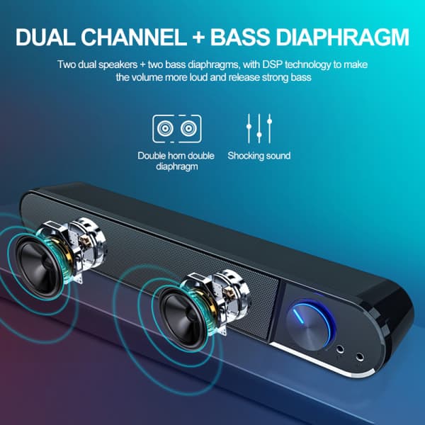 Sorte PC-højttalere, 12 Watt, PC Soundbar, USB-strøm, 3,5 mm