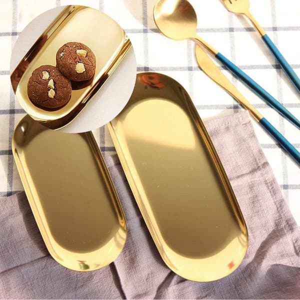 1 st guld prydnadsbricka, oval bricka i rostfritt stål för handduksförvaring, tefruktbrickor, kosmetika, smyckesfat