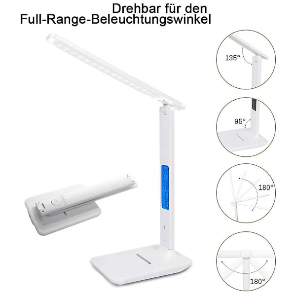LED-bordlampe, Foldbar Dæmpbar Bordlampe Med Berøringsskærm/hukommelsesfunktion/vækkeur/temperatur Og Kalender, Til Kontor, Studie, Stue