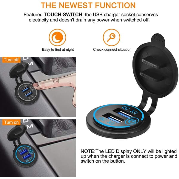 12V USB-uttak, Dobbel QC 3.0 USB-billader med bryter, 36W USB Vanntett Strømuttak Lader