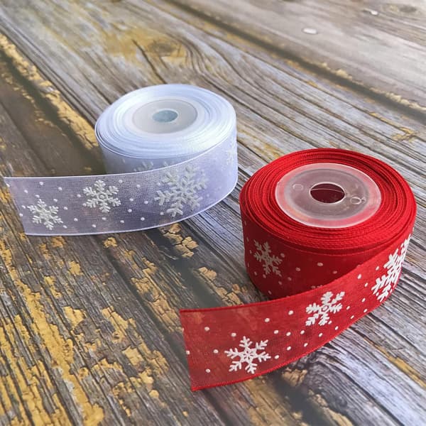 2 rullar snöflinga organza band, 2,5 cm x 10 m spole för julgran, present