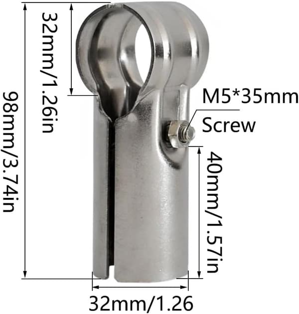 Sæt med 4 T-rørklemmer i rustfrit stål til 32 mm rør, inklusive bolte og møtrikker