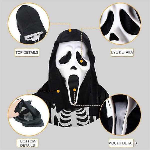 Scream Maske med Sort Hætte Spøgelsesansigt Halloween Maskerade Tilbehør
