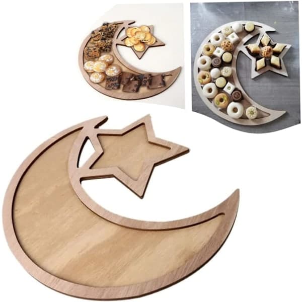 Eid Mubarak matbricka Ramadan trä Eid Mubarak party matserveringsbricka dessertbricka stjärnformad månskärsformad serveringsbricka konstnärlig tallrik
