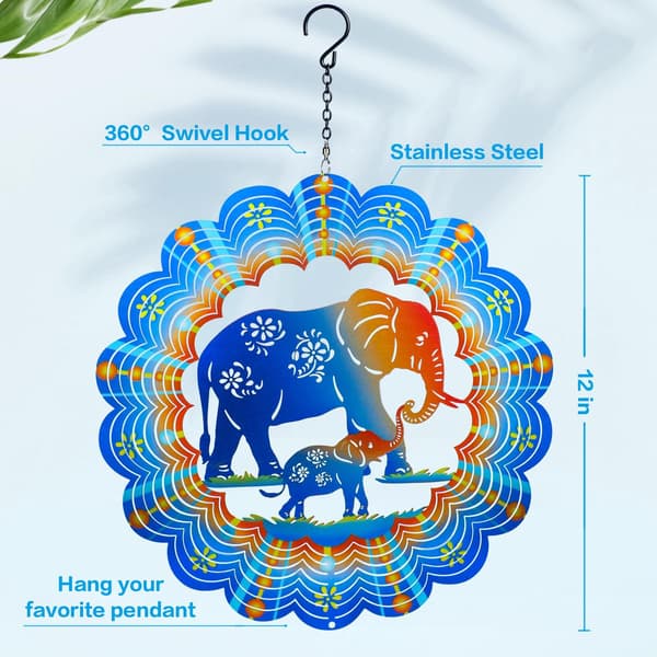 Elefant Vindspinner Elefantgaver til Kvinner/Menn 12 Tommer 3D Rustfritt Stål Hengende Vindspinner Metallvind I I