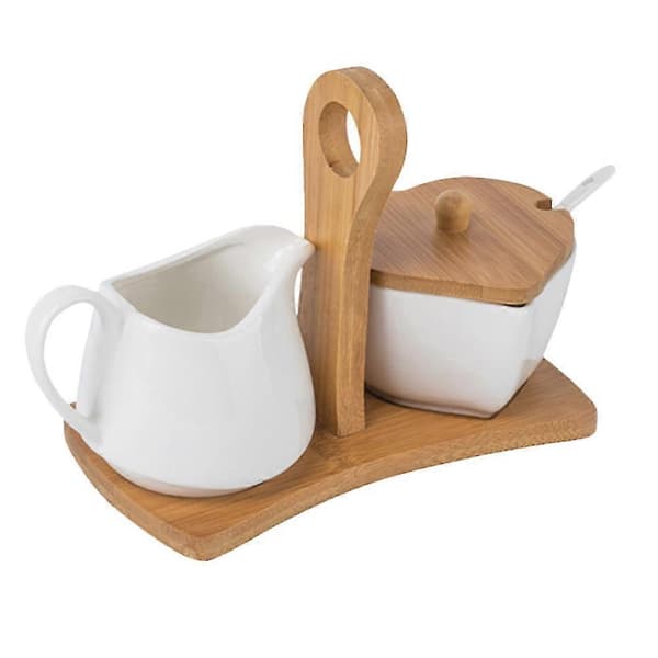 1 Set Ceramic Sugar Bowl Milk Jug Spice Storage Container With Tray And Spoon