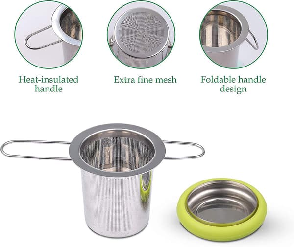 Fenshine Stainless Steel Tea Infuser - Tea Strainer, Foldable Handle, Extra Fine Mesh, Brewing Basket with Lid for Loose Leaf Tea (Green)
