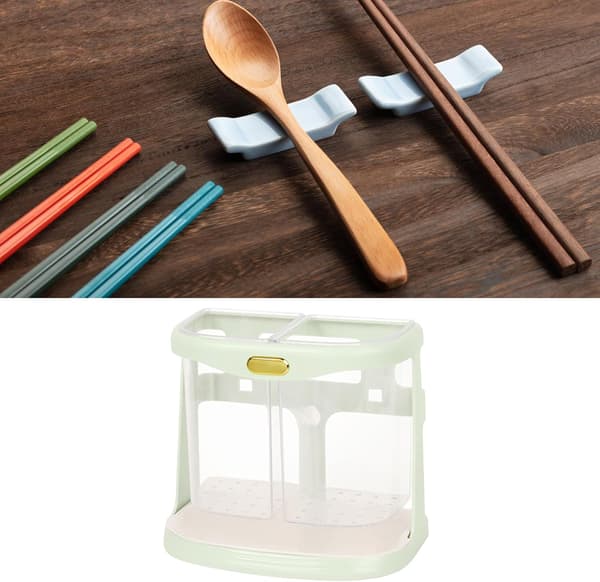 Kitchen Utensil Holder, Wall Mounted Chopstick Holder, Utensil Drainer with 2 Divided Compartments (Light Green)