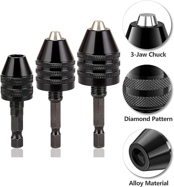 Keyless Drill Chuck Adapter - 3 Drill Chucks for Impact Drivers, 1/4\" Hex Shank Chuck Conversion Adapters