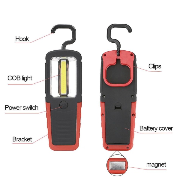 Cob Led -taskulamppu, työvalaisin, tarkastusvalo, magneettijalusta ja säädettävä koukku