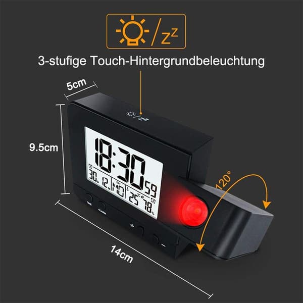 Digital Projection Alarm Clock for Bedroom, Large Ceiling Projection Alarm Clock with USB Port, Battery Backup, 180° Projector, LED Display, Black