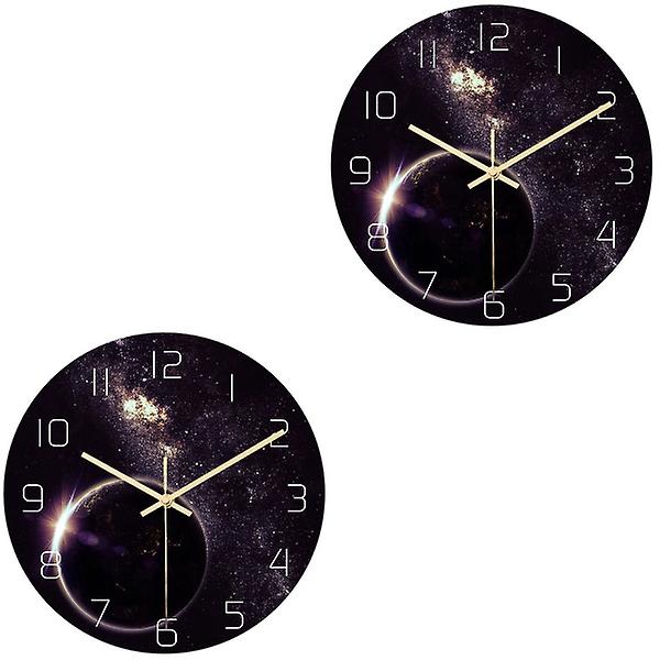 3 stk. Universe Planet Veggklokke Ytre Rom Hengeklokke Rund Akryl Veggklokke Stille Ikke Tikkende 2pcs M