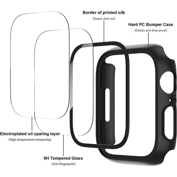 Protective Case Compatible with Apple Watch 46mm (10th Gen) - Black PC + Tempered Glass