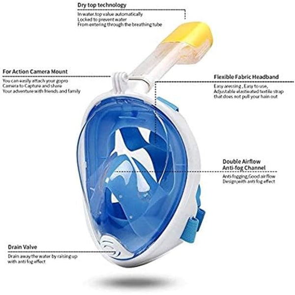 Sukellusnaamari, 180 asteen näkymä, koko kasvojen muotoinen sukellusnaamari vapaaseen hengitykseen, huurtumista ehkäisevä (sumua estävä) vuodonestotekniikka, estää gag-refleksin