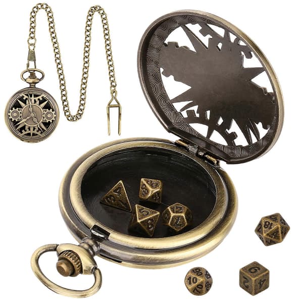 Mini DND Terningesæt med Terningesæt, 7 Polyhedrale Metalterninger, Steampunk Stil Ur, Bronze